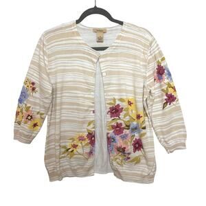 Bechamel Floral Cardigan Size M Tan Striped Beaded Spring Cottage Grandmacore